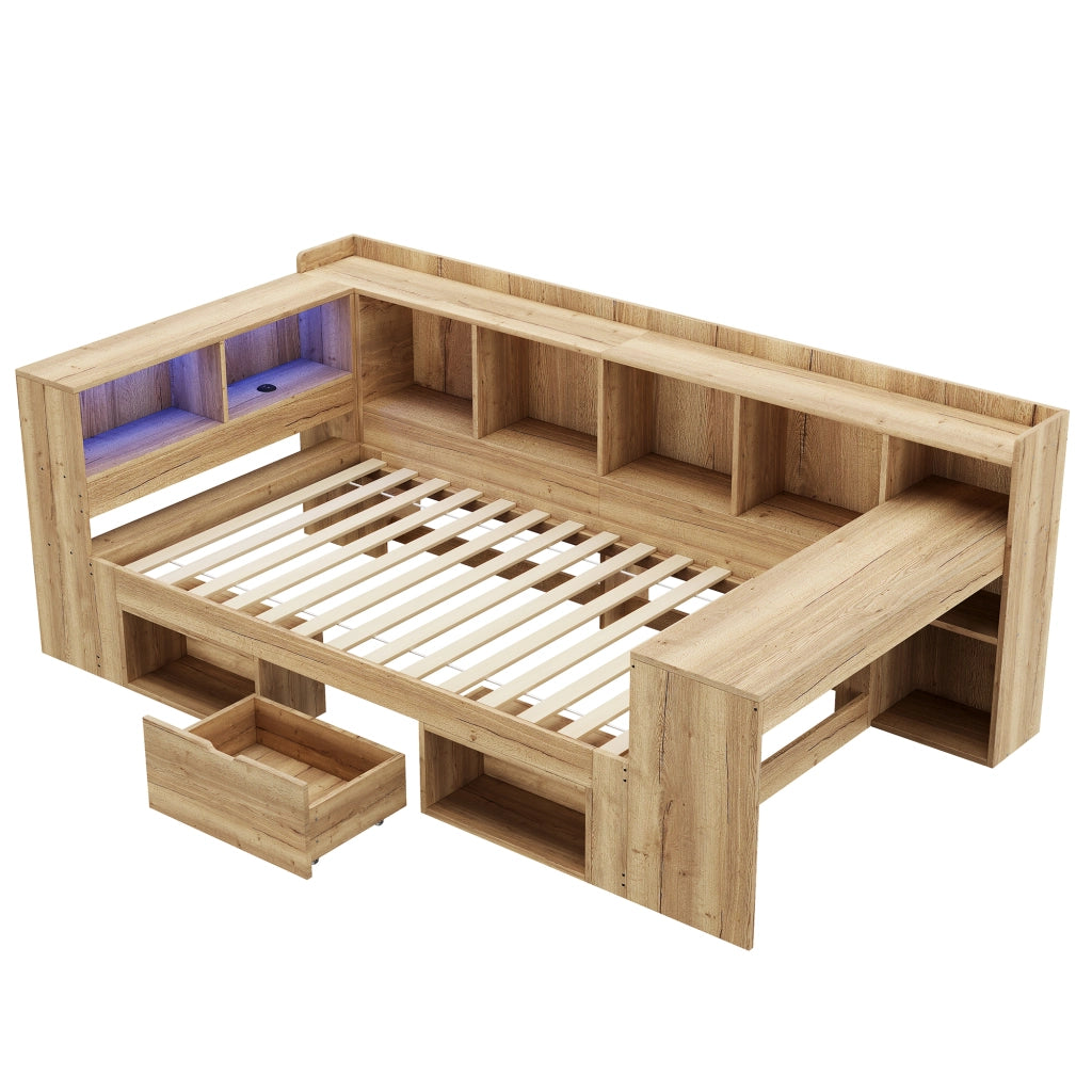 Letto Singolo con Scrivania e LED ¨C MINIMAL ¨C Legno, Contenitore, Cassetti, 90x200