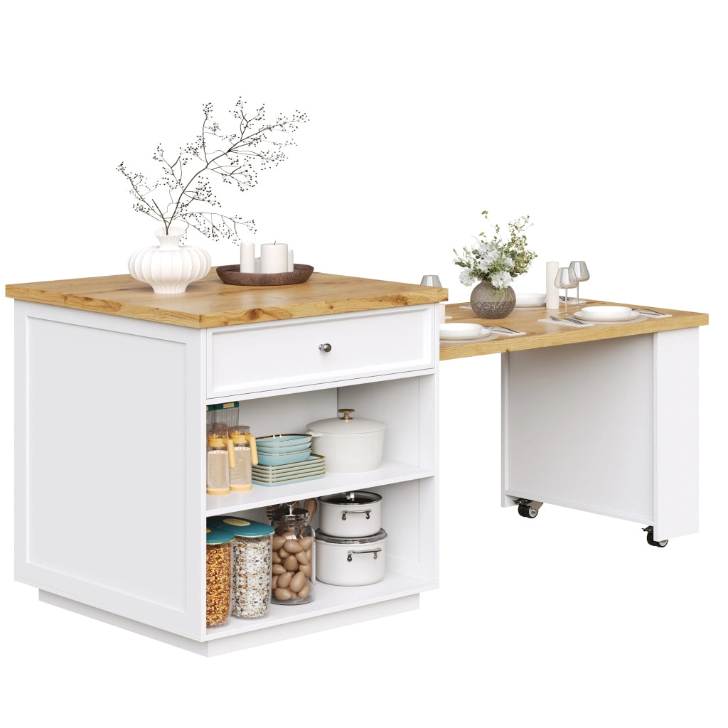 Isola Cucina Allungabile con Cassetti e Ruote ¨C MINIMAL ¨C Bianco, Piano Effetto Legno, 120-184 cm