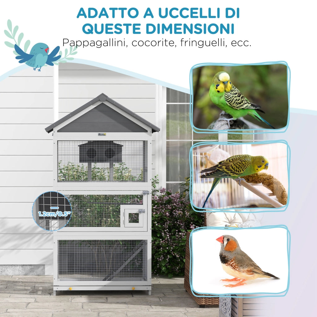 Voliera per Uccellini a 3 Porte con Casetta e Vassoio. in Legno e Metallo. 92x52x171 cm. Grigia e Nera