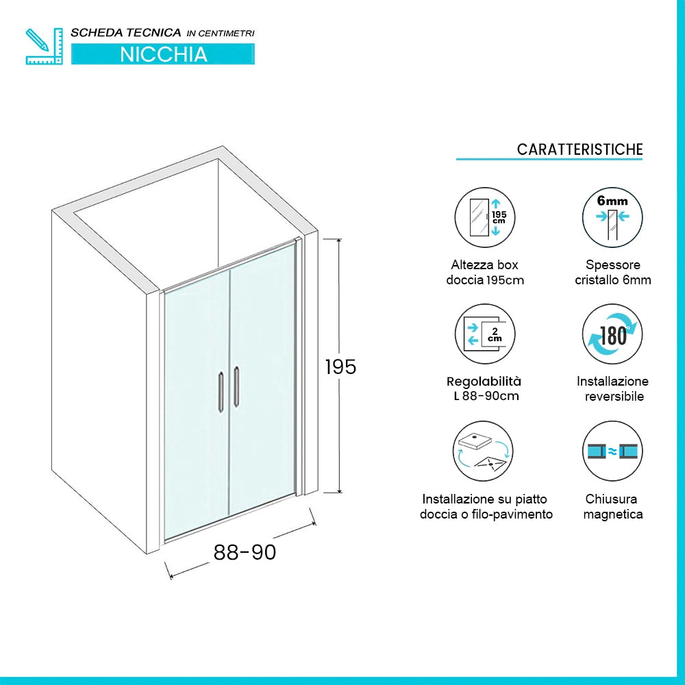 Porta doccia con apertura Saloon per nicchia 90cm in vetro temperato trasparente con profili nero Neos