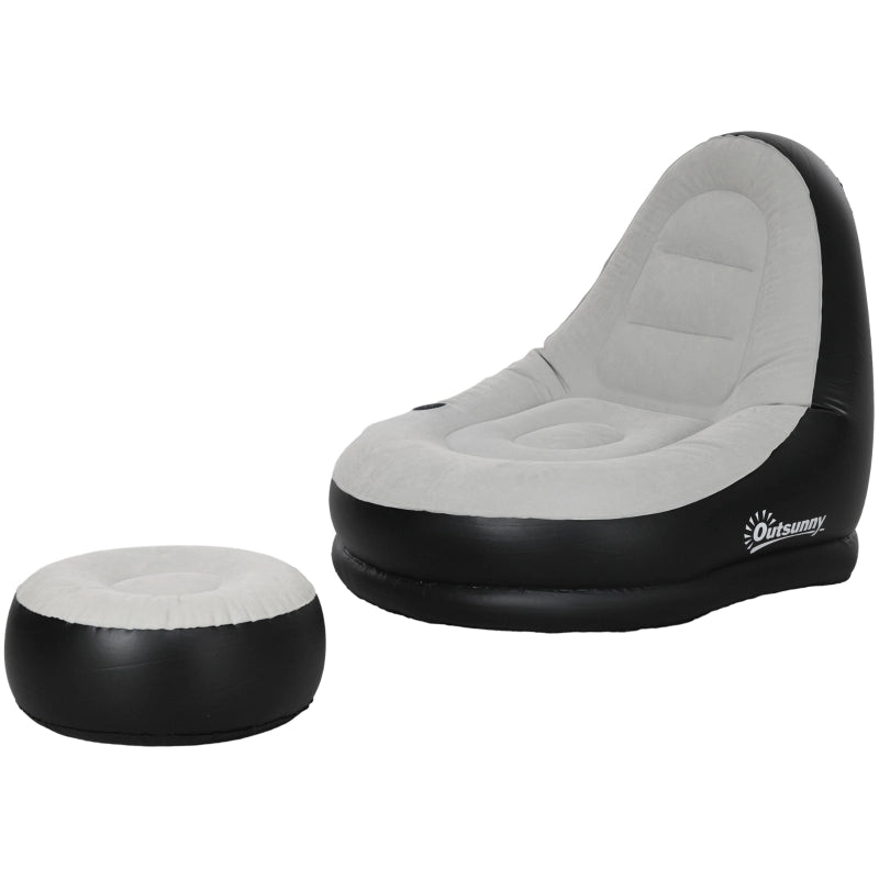 Divano gonfiabile con pouf e portabicchiere, grigio chiaro, 125x100x87 cm
