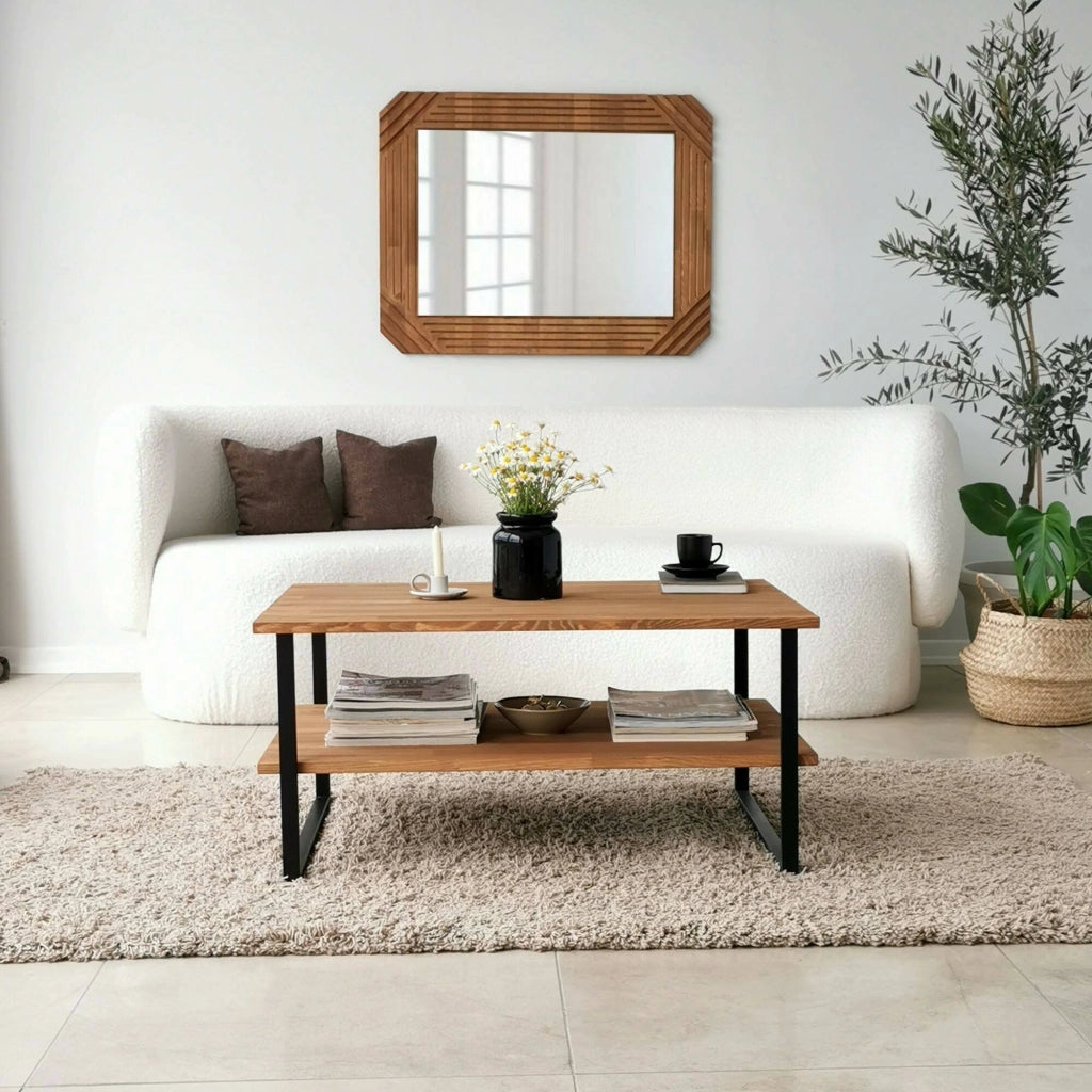 Tavolino da salotto Aprica, Tavolo basso da caffè, Portariviste per divano, Ripiano da soggiorno, 85x60h40 cm, Quercia