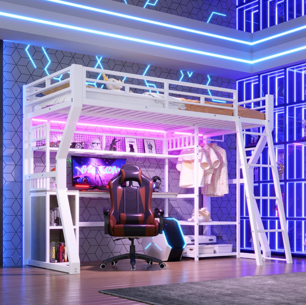 Letto a soppalco 90x200 cm con scrivania e luce, bianco