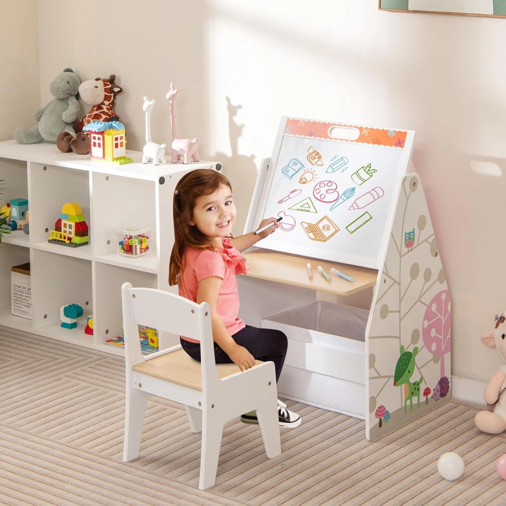 Cavalletto per Bambini Doppio Lato, Set Tavolo e Sedia per Bambini con Lavagna Magnetica e Lavagna Bianca, Contenitore in Tessuto e Libreria(Bianco)