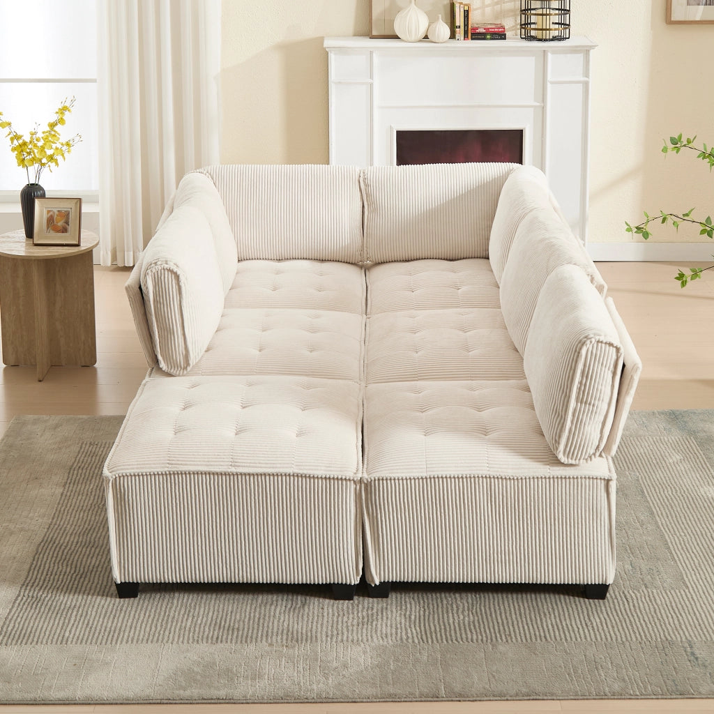 Divano Modulare 6 Posti Trasformabile con Design Ergonomico e Tasche Laterali, in Velluto a Coste Beige 308 × 154 × 81.99 cm