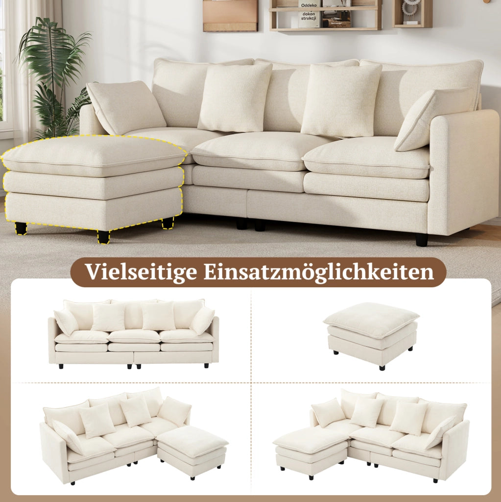 Divano angolare 3 posti in ciniglia beige con chaise longue mobile, 212x150x90 cm