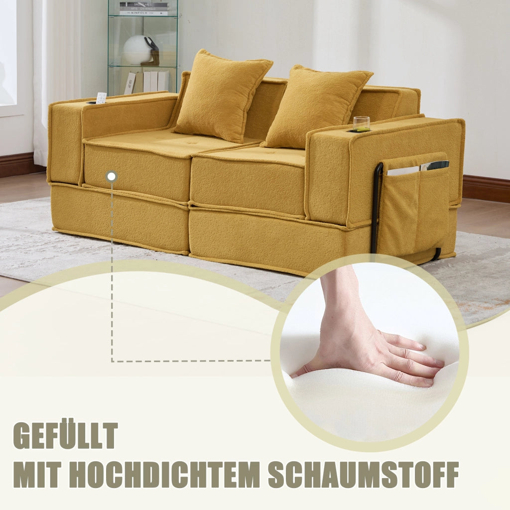 Pouf modulare con tasche laterali e cuscini, seduta ergonomica e struttura bassa stabile, in ciniglia giallo senape