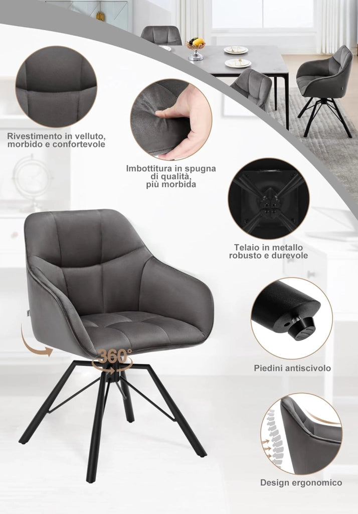 Sedia per Sala da Pranzo Girevole a 360°, Sedia da Cucina Imbottita con Gambe in Metallo, Poltroncina in Velluto per Camera da Letto, Soggiorno, Grigio Scuro, BH365dgr-1