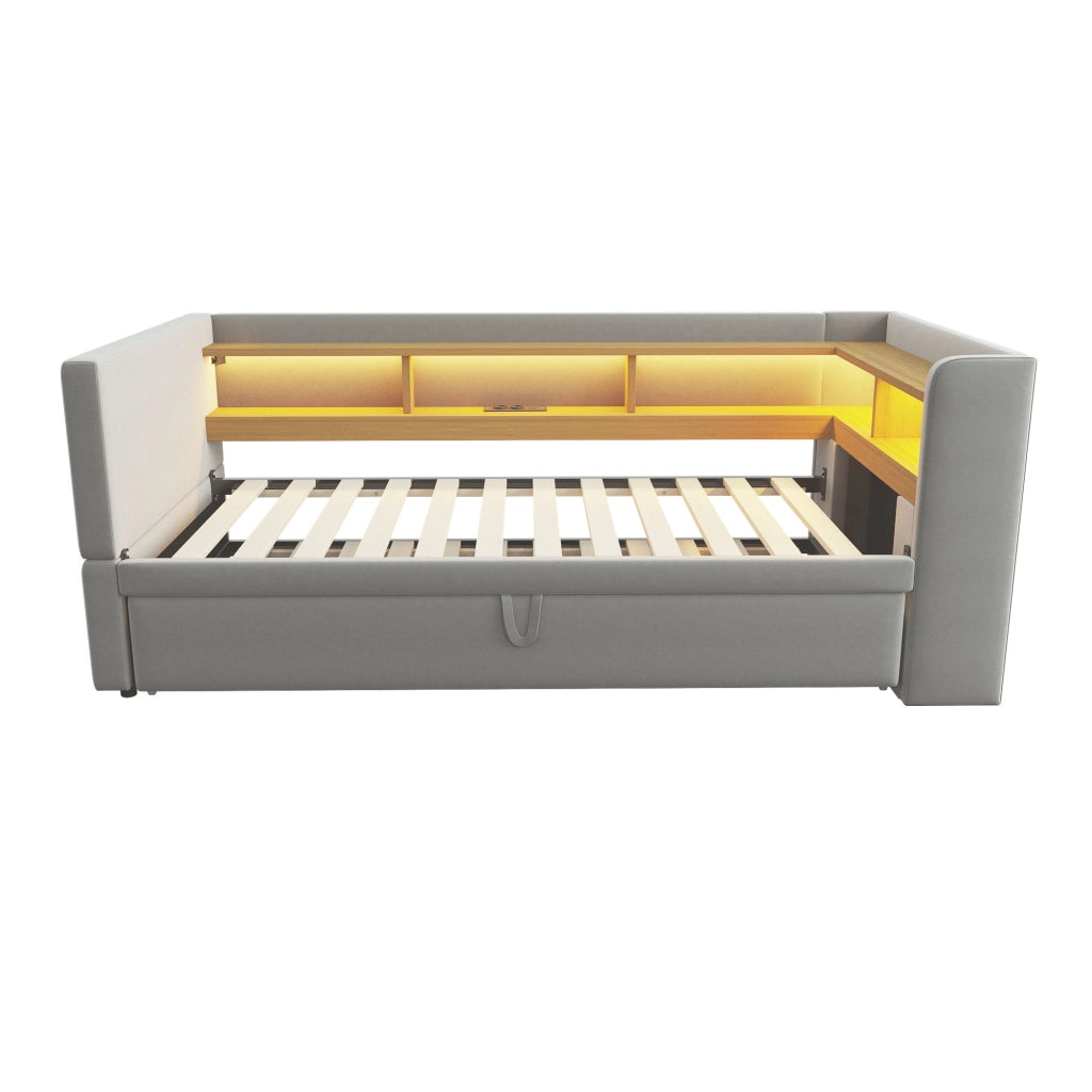 Divano letto imbottito 90/180 x 190 cm con luci LED, prese, vani contenitore e struttura in metallo