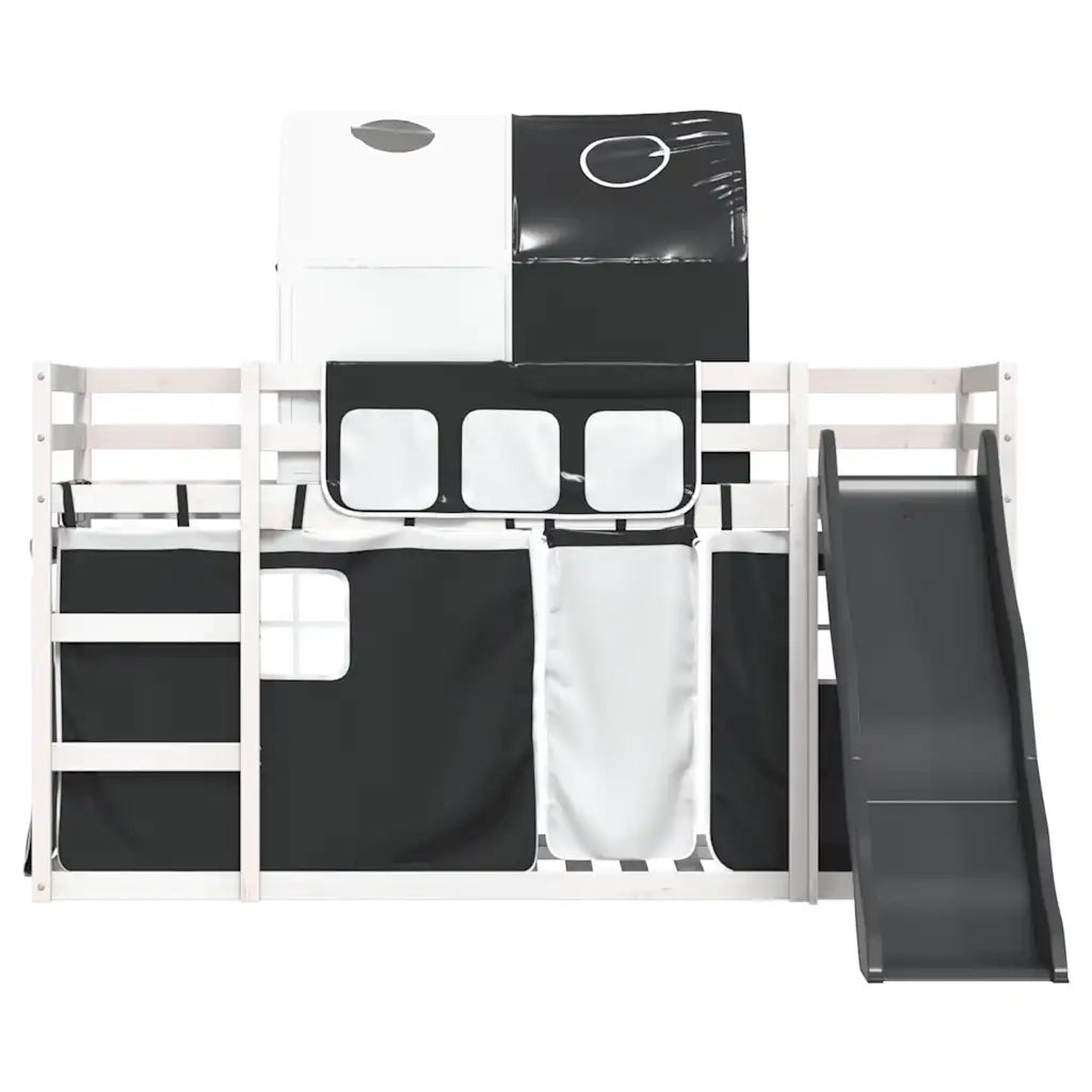Letto a Castello con Scivolo e Tende Bianco e Nero 90x200 cm
