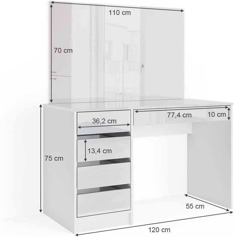 Tavolo da toeletta Sherry, Bianco, 120 cm, con specchio rettangolare per l’uso quotidiano