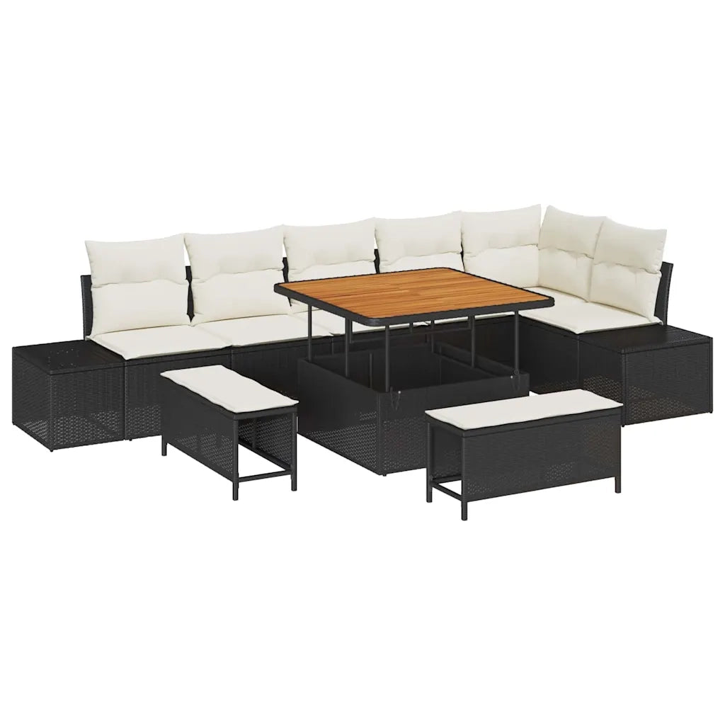 Set Divano da Giardino con cuscino 9 pcs Nero polyrattan