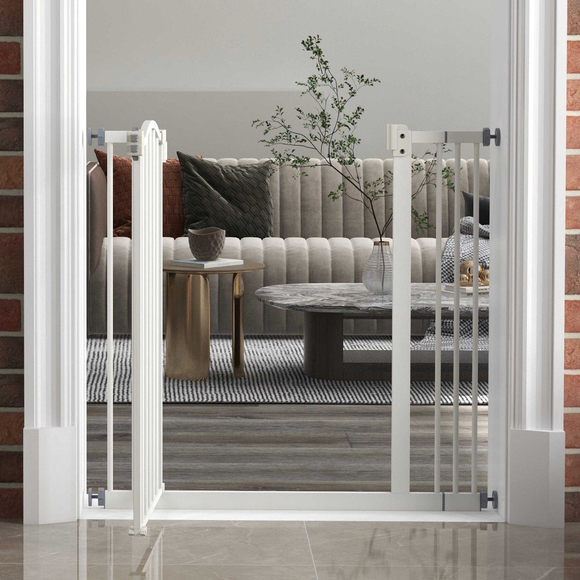 Cancelletto per Cani Estensibile 74-87x78 cm con 2 Blocchi e Chiusura Automatica in Metallo e Plastica Bianco