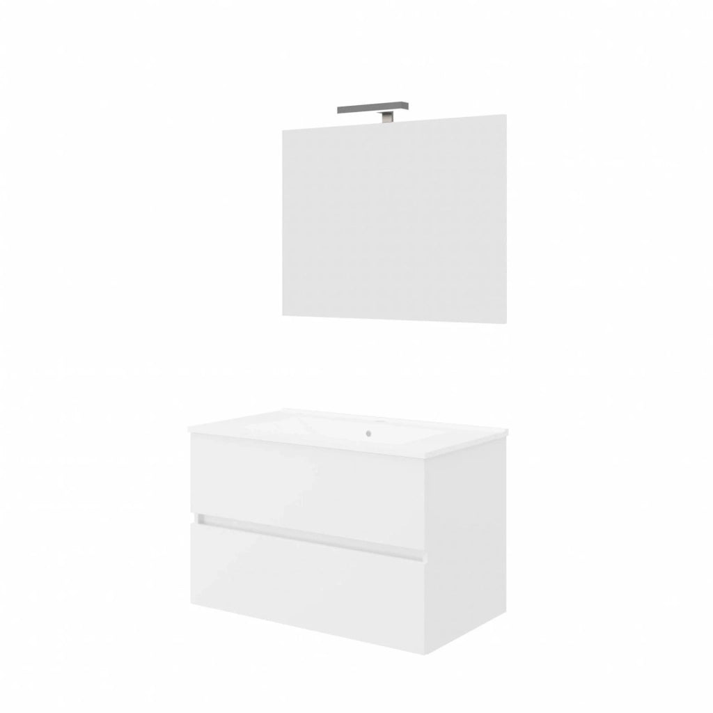 Composizione bagno 2 cassettoni con lavabo in ceramica e specchio con lampada led