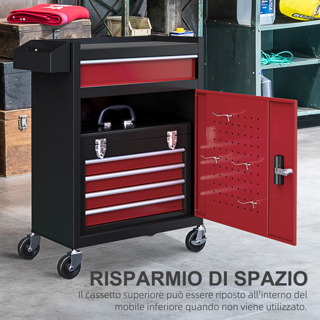 Carrello Porta Attrezzi con Cassetti e Armadietto ¨C Zephmum ¨C Acciaio, Rosso