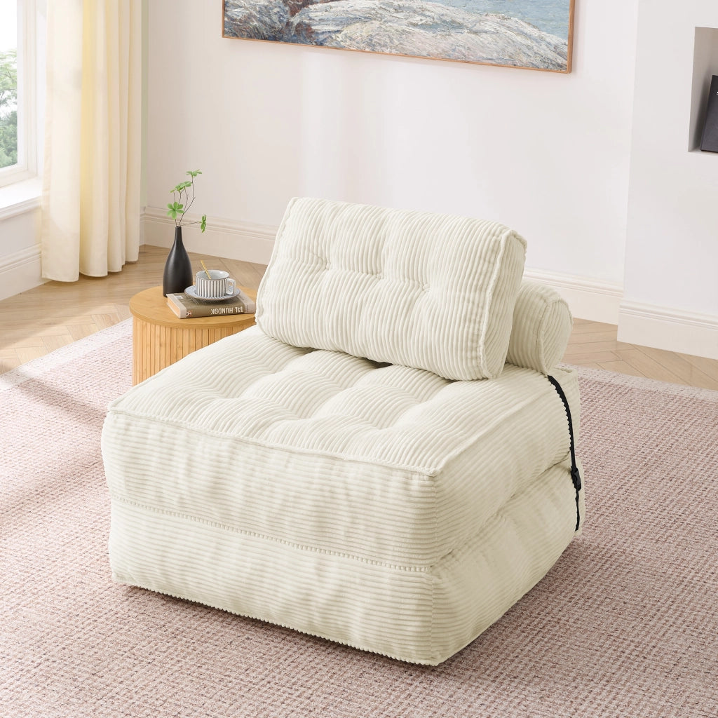 Pouf, divano letto pieghevole, velluto a coste, schienale regolabile, pronto all'uso, beige