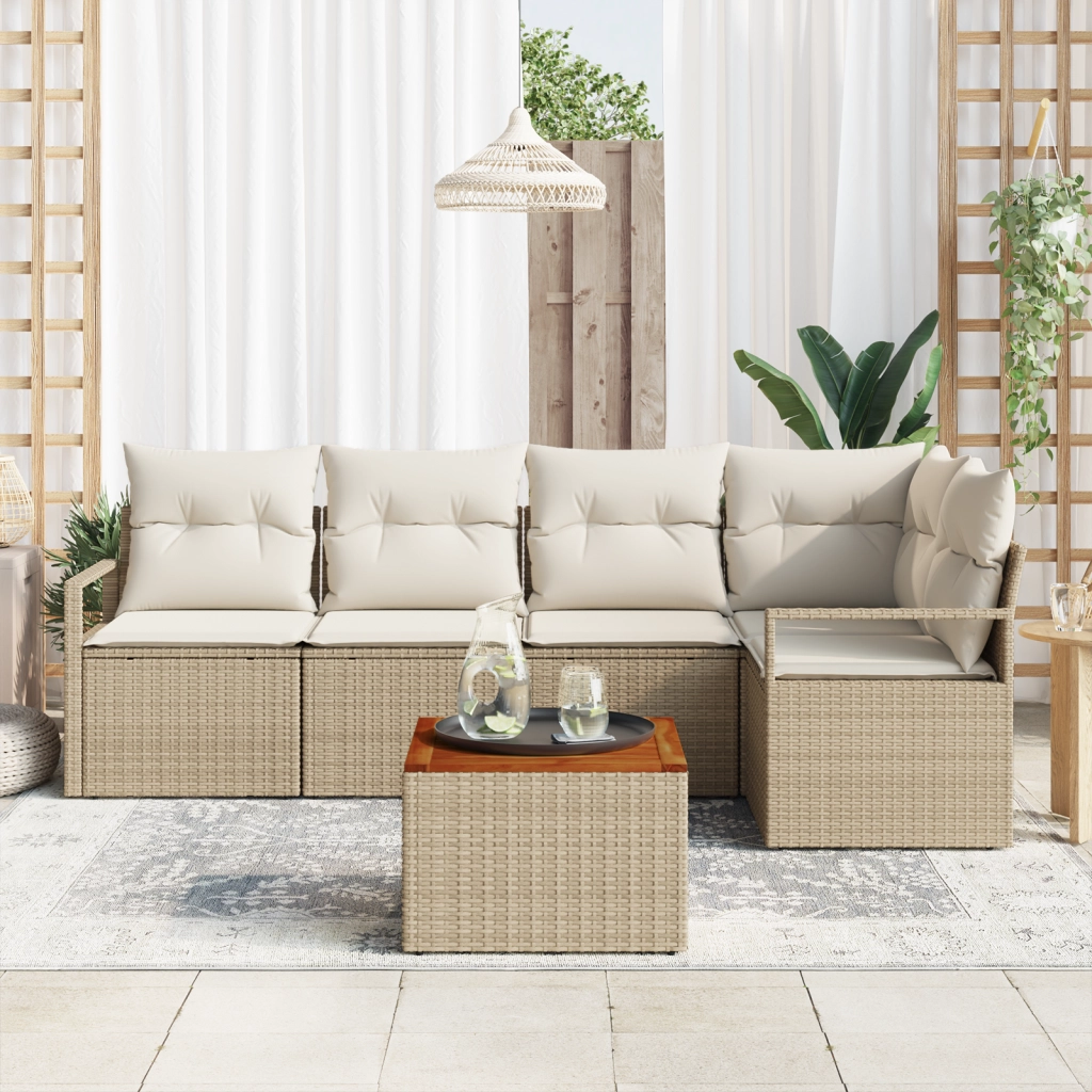 Set Divano da Giardino  da 6 Pezzi con Cuscini Beige in Rattan Polimerico Acacia