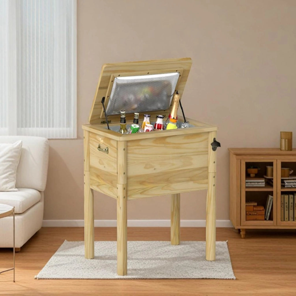 Frigorifero per rotelle, 51 l, bar all'aperto mobile 67 x 47 x 74 cm, tempo di mantenimento 2-4 ore, materiale in legno di pino solido, per giardino, terrazza, piscina, bistrot, naturale