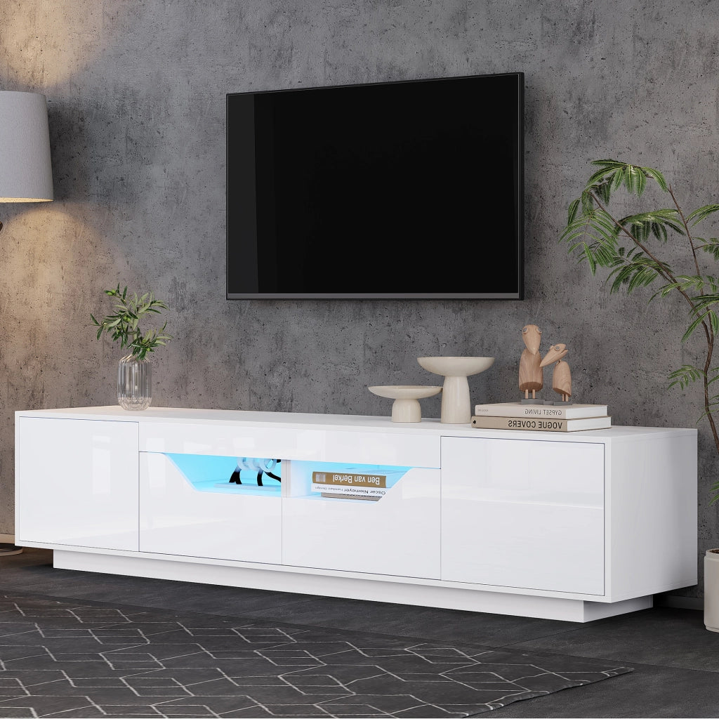 Mobile porta TV con 2 cassetti, 2 vani aperti e 2 ante, LED, legno truciolare bianco 180 × 40 × 45 cm
