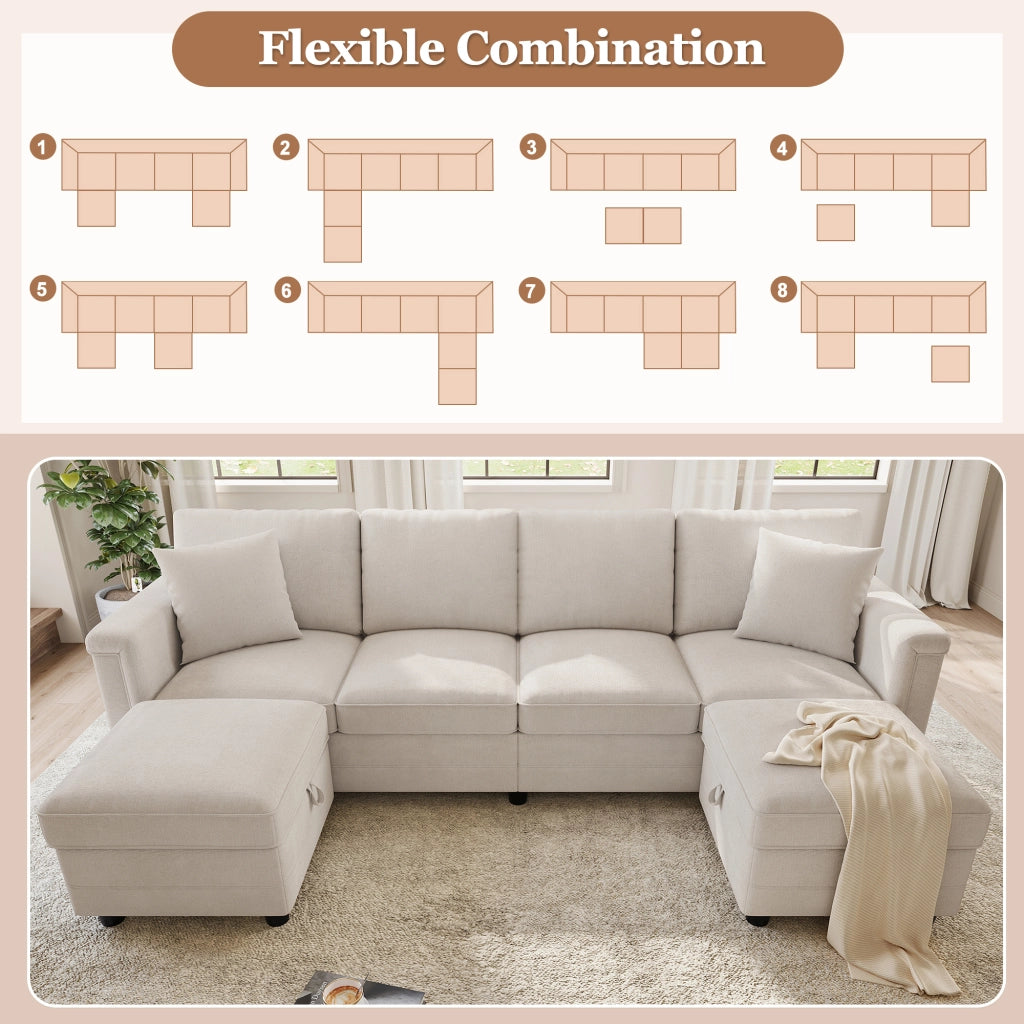 Divano modulare beige 261x134x82 cm con pouf contenitore; USB e Type-C