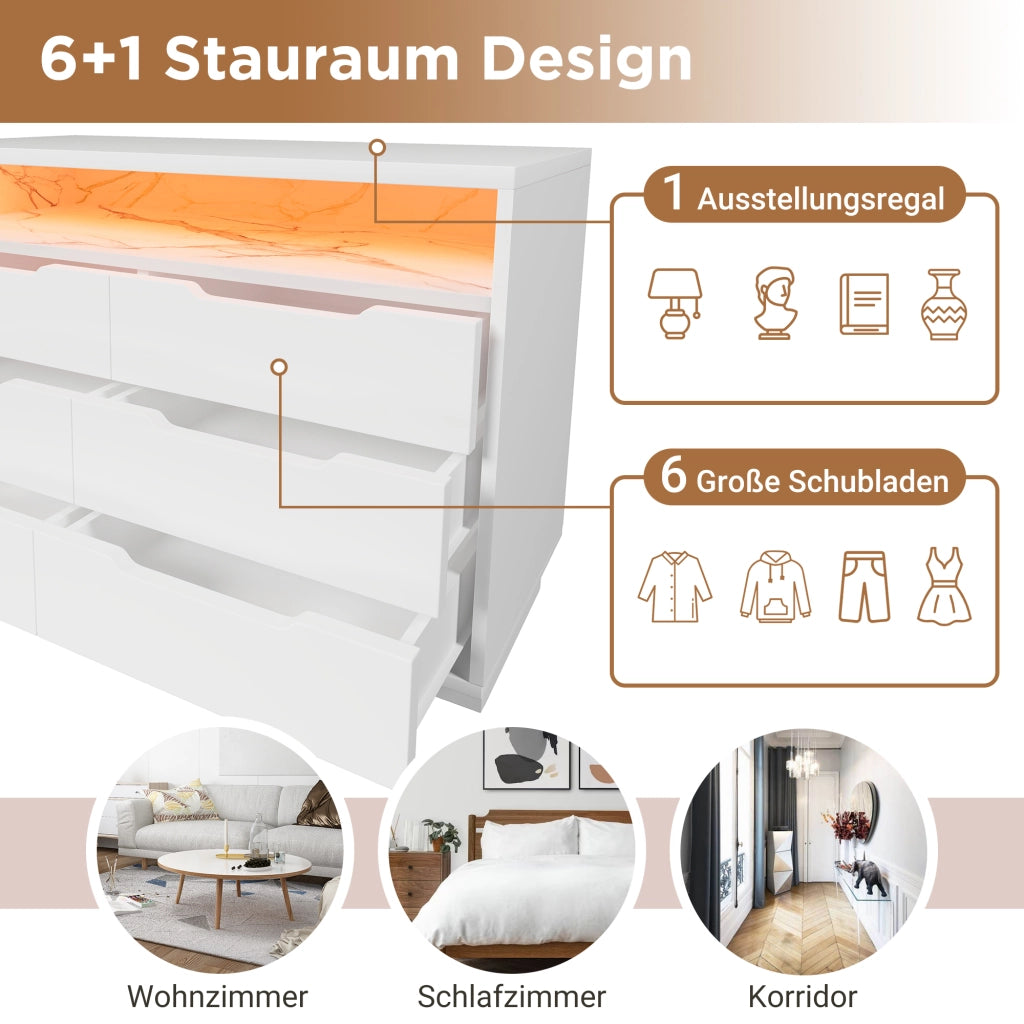 Credenza con 6 Cassetti e LED; Vano Aperto Effetto Marmo; Stile Moderno; in Pannello Truciolare e Metallo; 120??40??85 cm; Bianco
