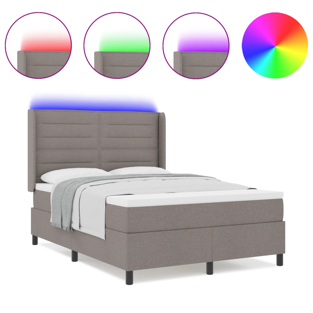 Letto a Molla Box con Materasso e LED Tortora 140x200 cm Tessuto