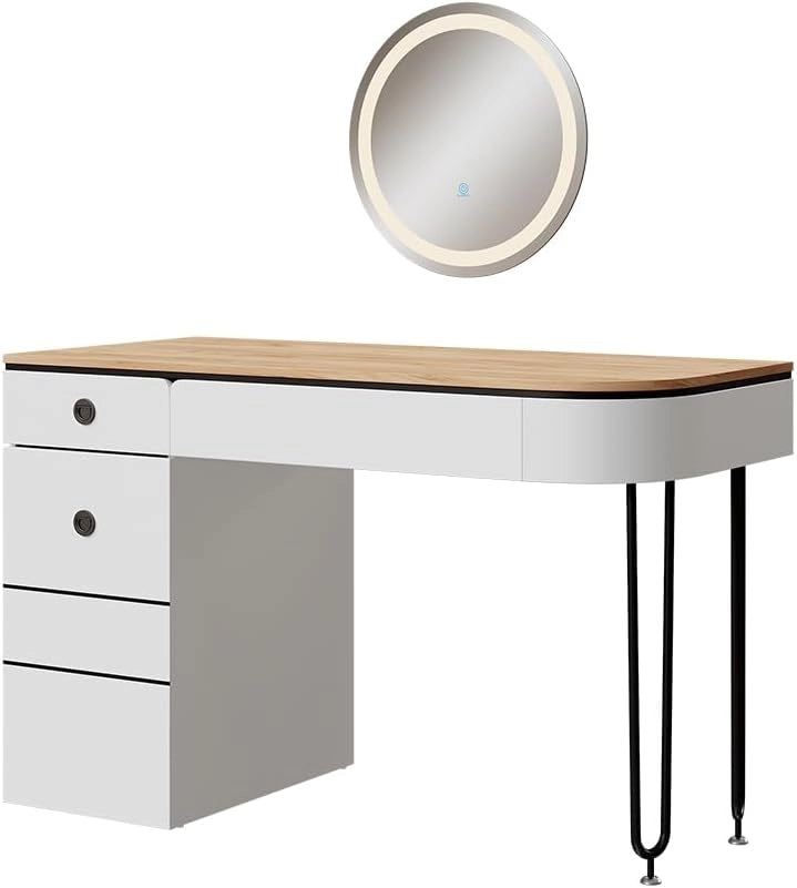 Tavolo da toilette Mia, Bianco/legno naturale, 120 cm con specchio LED, con illuminazione LED e grande specchio per applicazioni di trucco