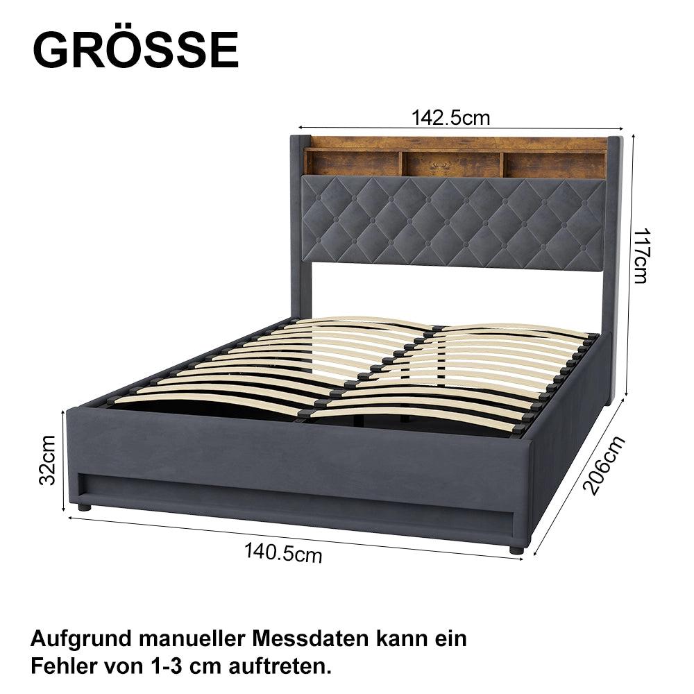 Letto Imbottito 140x190 cm Grigio Scuro in Velluto con Rete a Doghe