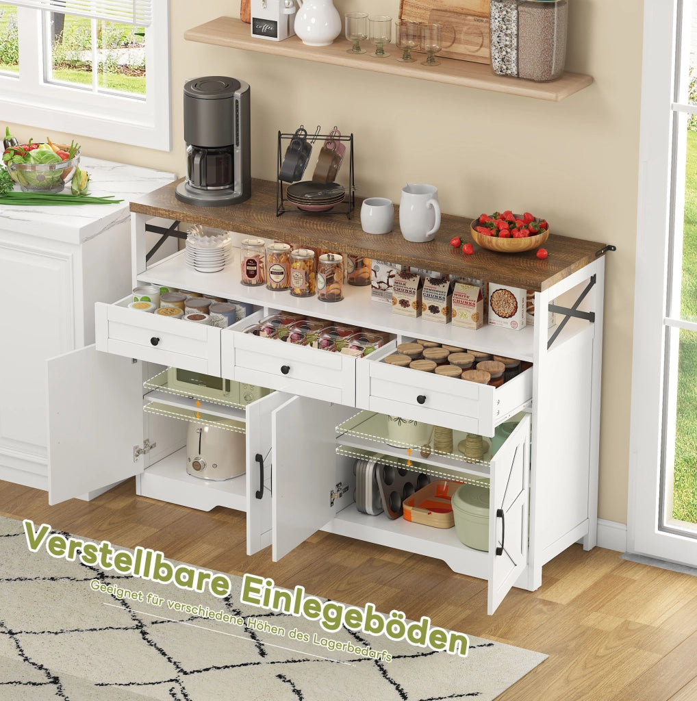 Credenza buffet 140 cm con 3 cassetti e 2 ante; mobile contenitore rustico in MDF; bianco e marrone