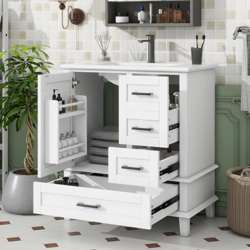Mobile sottolavabo da bagno con lavabo integrato in ceramica, tre cassetti, anta con ripiano, bianco 76 × 46 × 83,5 cm