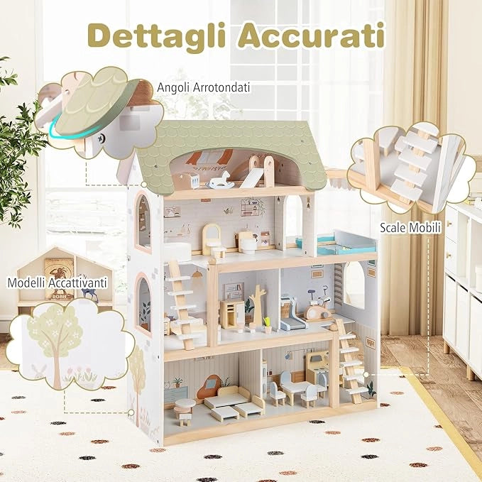 Casa delle Bambole in Legno, Casa Bambole con 4 Piani, 6 Stanze, Terrazza, Piscina e Scale, Casetta Giocattolo Educativo con 33 Mobili Accessori, per Bambini 3+ Anni, 63 x 25 x 78 cm