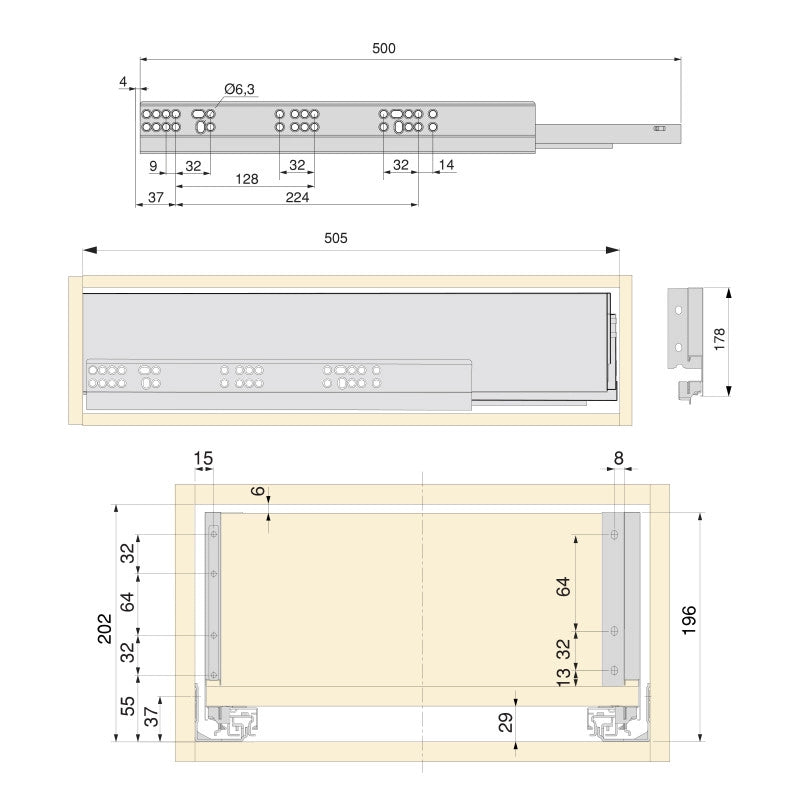 Kit di cassetti per cucina o bagno Vertex con regolazione 3D, altezza 178 mm, con pannelli inclusi, modulo 600 mm, Ver..