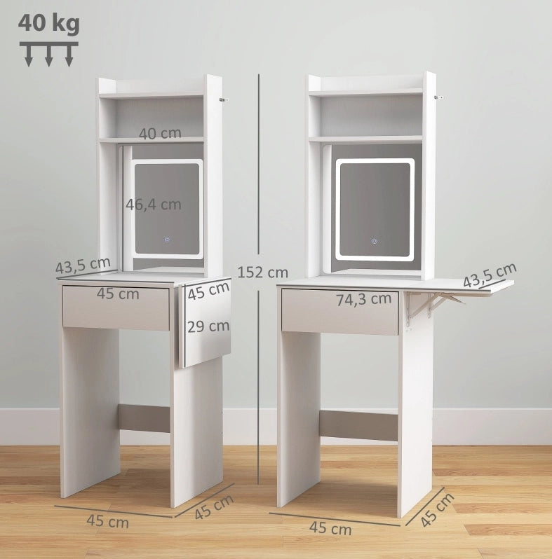 Toeletta bianca 45x45x152 cm con specchio LED, cassetto e vani