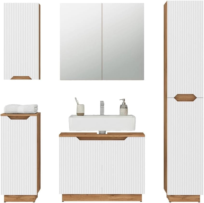 Set di mobili da bagno Lotta, Rovere/bianco a strisce, 5 parti