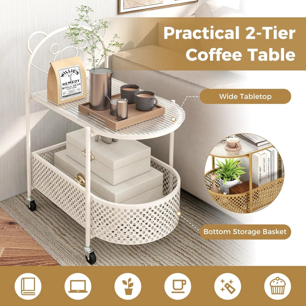 Tavolino da caffè a 2 livelli con 4 ruote, carrello di servizio con cestello portaoggetti e piano in vetro temperato, tavolino da caffè per camera da letto, sala da pranzo, soggiorno