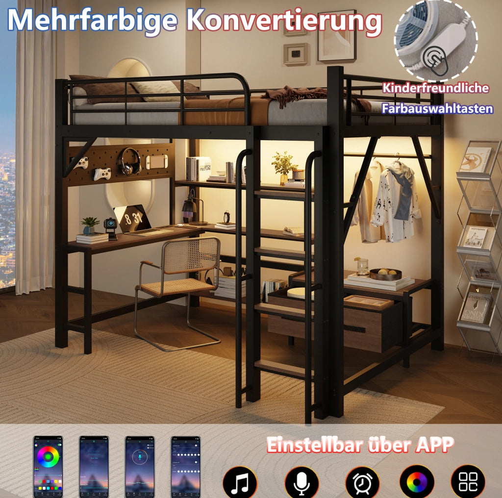 Letto a soppalco 140x200 cm con scrivania; ripiani; cassetti in tessuto; LED e USB; nero