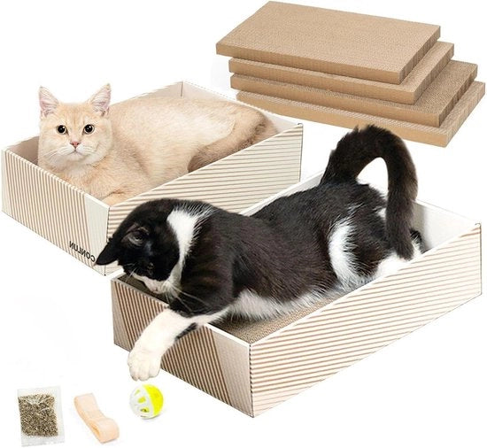 Giocattolo interattivo per gatti con 4 pannelli di grattugiatura, 2 scatole di cartone e pallone da gioco - Giocattolo interattivo per più gatti - Ideale per compleanni e festività
