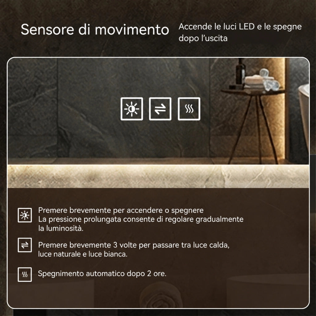 Specchio da bagno a LED 60x120 cm senza cornice; retroilluminato e frontale; antiappannamento; vetro HD; argento