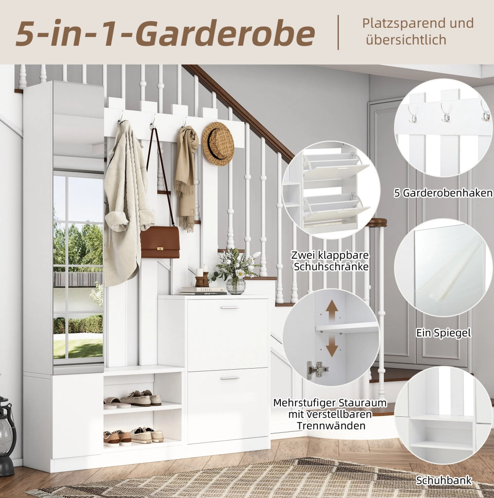 Mobile guardaroba da ingresso con specchio; 135x25x180 cm; 2 portascarpe; bianco