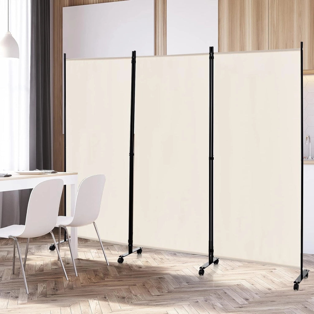 Paravento da Interno in Metallo, Separé Divisorio Interno Pieghevole con Piedini Stabili, Pannelli Divisori per Interni per Casa e Ufficio (Beige, 262 x 180 cm (3 Pannelli con ruote))