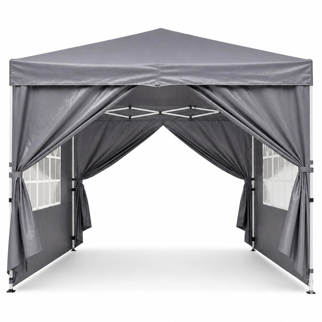 Gazebo Pieghevole Da Giardino Con Pareti Laterali E Finestre Trasparenti Sistema Pop Up Copertura Impermeabile UV50+ Telaio In Acciaio Per Eventi Outdoor 3 x 3 x 2.59 M Grigio