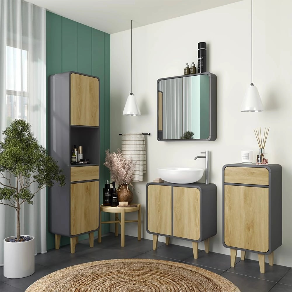Set di mobili da bagno Arla, Antracite/quercia, 60 cm, composto da mobile lavabo, pensile a specchio, colonna e base media