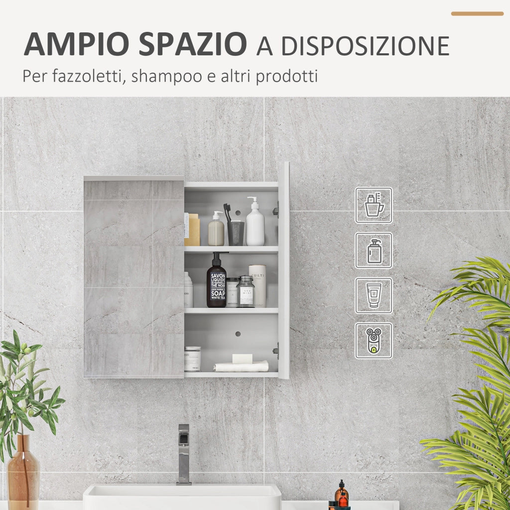 Armadietto da Bagno con Specchio 60x15x60 cm a 3 Ripiani Interni Regolabili in Legno e Vetro Bianco