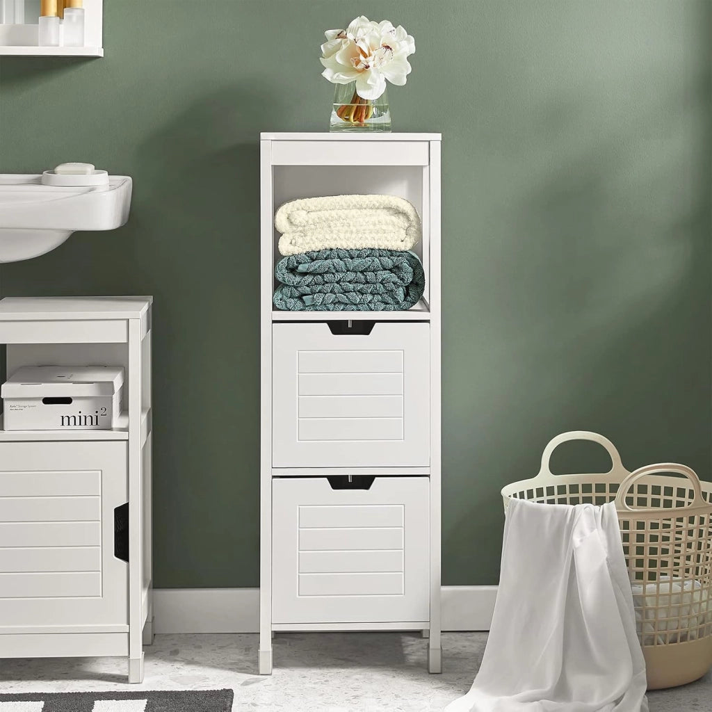 Mobile Bagno Cassettiera – Mobiletto Stretto con 2 Cestini – Armadietto Salvaspazio per Piccoli Bagni e WC, Mobiletto Bagno in Legno, Bianco, 30x89x30 cm, FRG127-W
