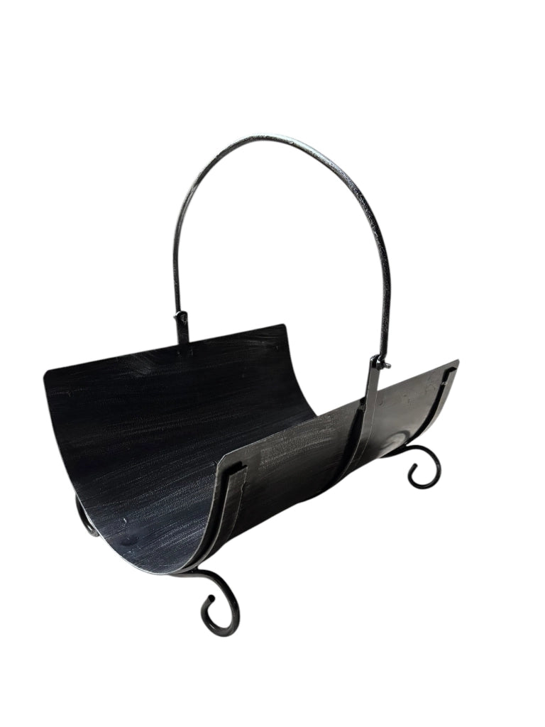 Porta Legna in Ferro da Interno, Design a Onda con Manico Richiudibile, 41x31x21 cm, Nero, Porta libri