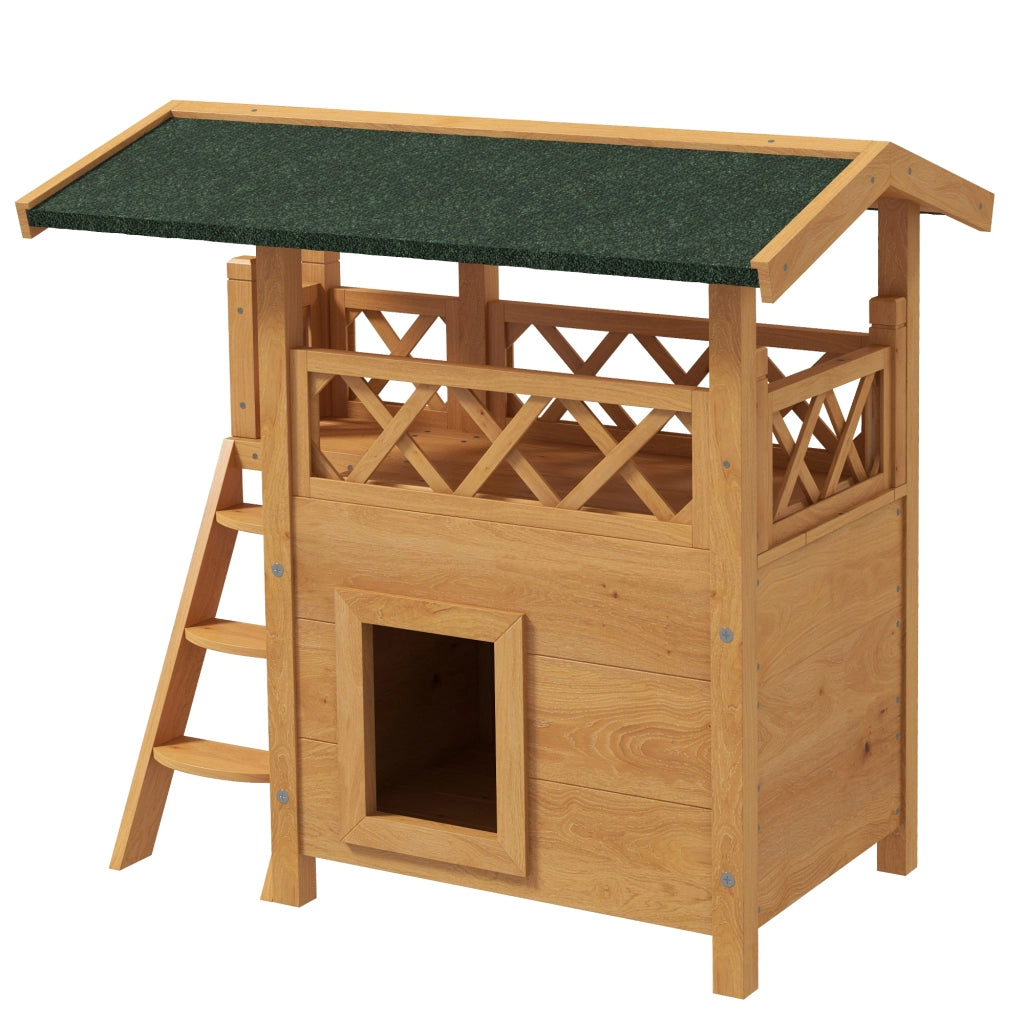 Casetta per Gatti con Terrazza ¨C Zephmum ¨C Legno Naturale e Verde 77x50x73 cm