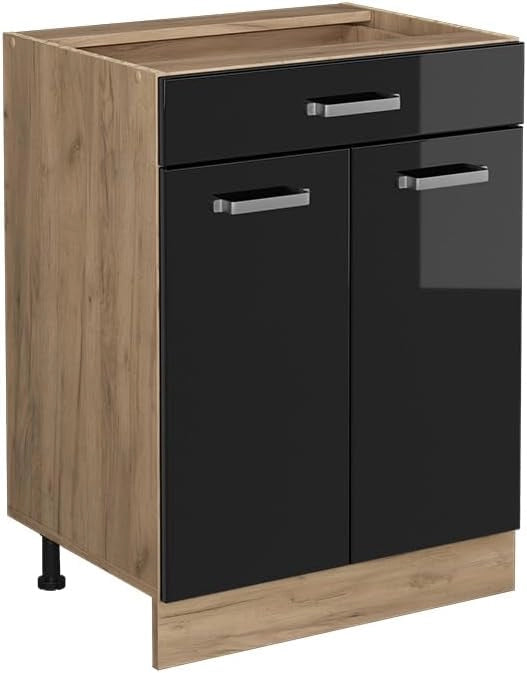 Mobiletto base per cucina R-Line, Nero lucido, 60 cm con cassetto, senza piano di lavoro, per la libera combinazione all'interno di sistemi cucina modulari