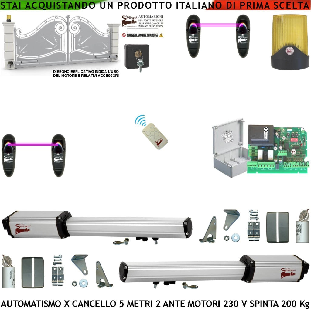 Cancello Automatico Battente 5 Metri 2 Ante da 2,5 MT Kit 2 Motori Elettromeccanici 230 V Corsa 400 mm Spinta 2 Q.tali Staffe Sblocco Centrale Radiocomando Faro 2 Coppie Fotocellule Cartello Monitore