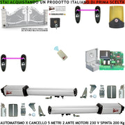 Cancello Automatico Battente 5 Metri 2 Ante da 2,5 MT Kit 2 Motori Elettromeccanici 230 V Corsa 400 mm Spinta 2 Q.tali Staffe Sblocco Centrale Radiocomando Faro 2 Coppie Fotocellule Cartello Monitore