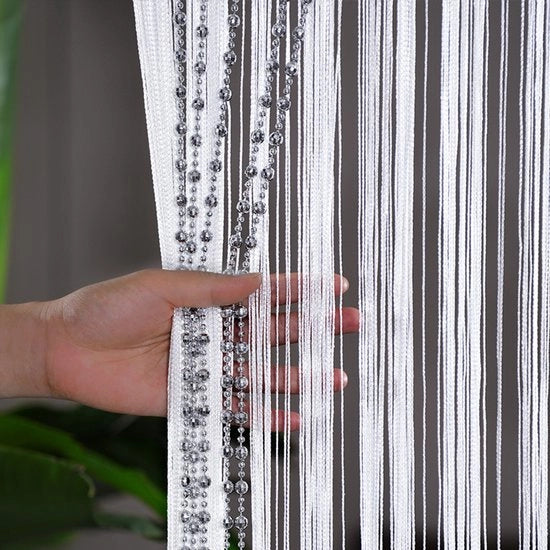 Gordiglio per finestra - Corda per tenda - 100 x 200 cm - Bianco - Estate - Tenda per finestra - Gordiglio con glitter e perline lucide - Con spazzole - Decorazione per finestre